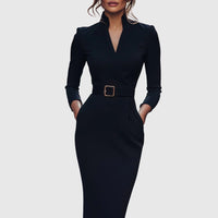 Refined Elegant Pencil Dress | Belted V Neck - hero