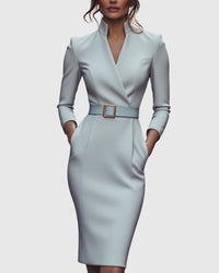 Refined Elegant Pencil Dress | Belted V Neck - look