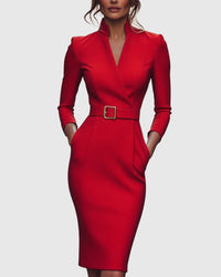 Refined Elegant Pencil Dress | Belted V Neck - look