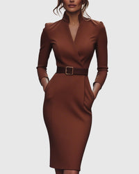 Refined Elegant Pencil Dress | Belted V Neck - look