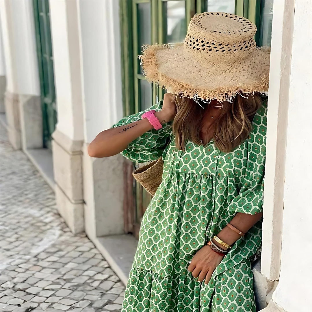 Relaxed Boho Maxi Dress | V Neck Printed - close-up