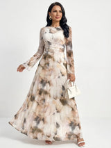 Women's Abstract Print Maxi Dress | Bell Sleeve Defined Waist