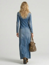 Women's Button Front Denim Maxi Dress with Slit Detail