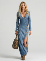 Women's Button Front Denim Maxi Dress with Slit