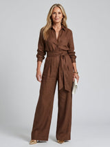 Women's Button Front Wide Leg Jumpsuit | Long Sleeve Belted Fit