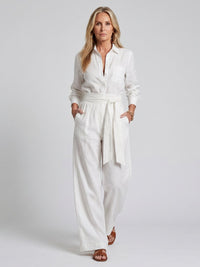 Women's Button Front Wide Leg Jumpsuit | Long Sleeve Belted Fit Lifestyle