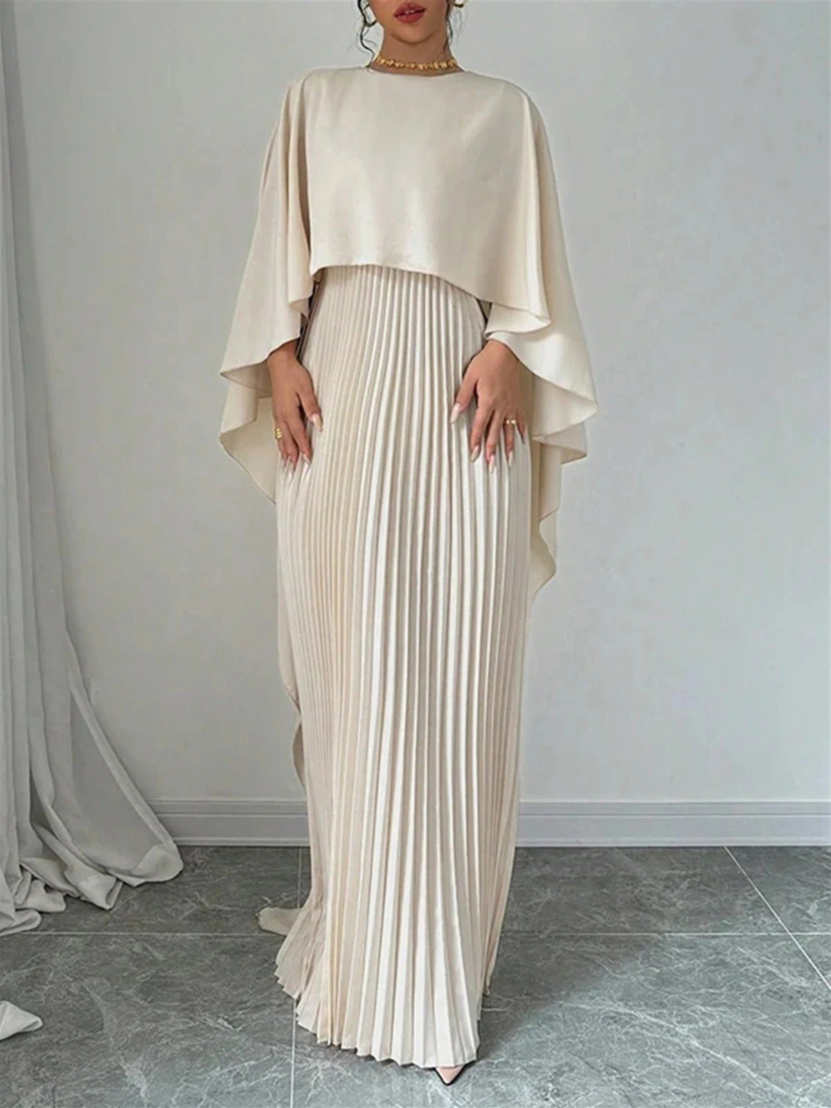 Women's Cape Maxi Dress | Pleated Wedding Guest Overlay Hero