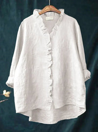 Women's Casual Ruffle V-Neck Blouse | Cotton Linen Loose Fit Front