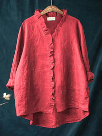 Women's Casual Ruffle V-Neck Blouse | Cotton Linen Loose Fit Hero