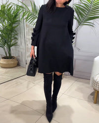 Women's Casual Solid Colour Knee Length Dress | Long Sleeve Bow Cut Out Front