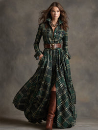 Women's Classic Belted Shirt Dress | Plaid Flared Style Alternate