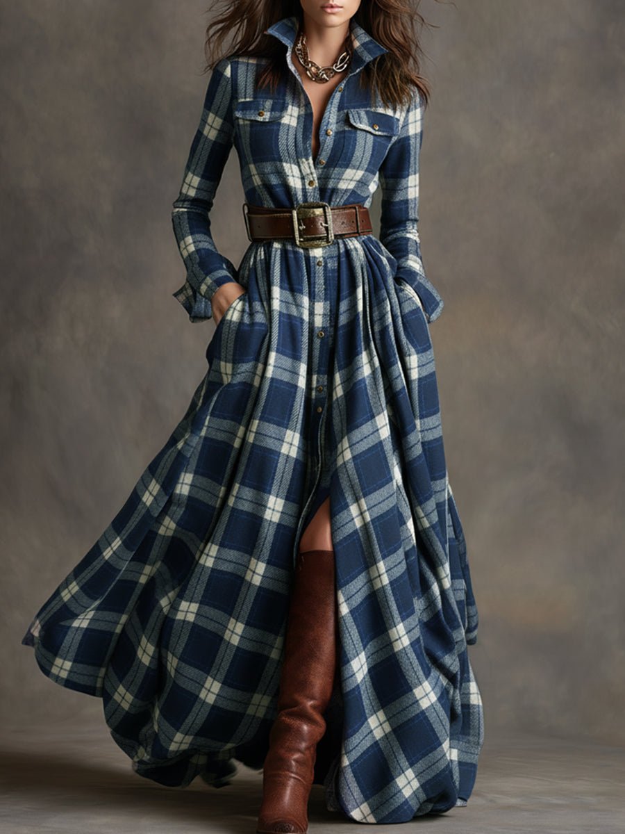 Women's Classic Belted Shirt Dress | Plaid Flared Style Angle