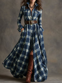 Women's Classic Belted Shirt Dress | Plaid Flared Style Angle