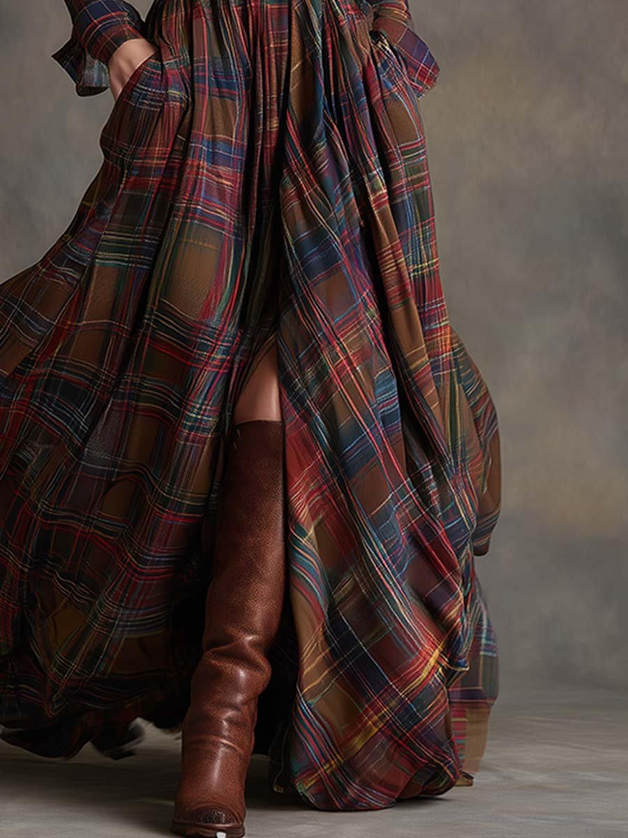 Women's Classic Belted Shirt Dress | Plaid Flared Style Back