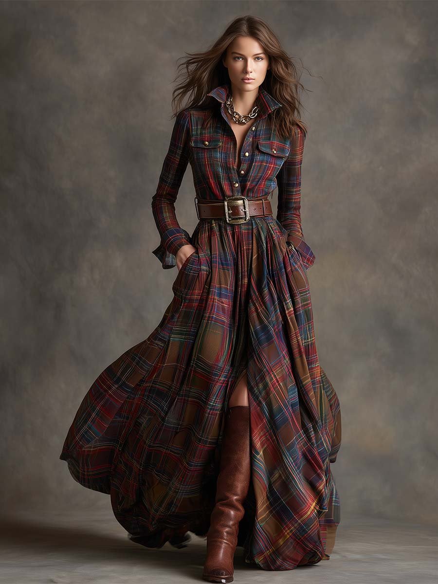 Women's Classic Belted Shirt Dress | Plaid Flared Style Close Up