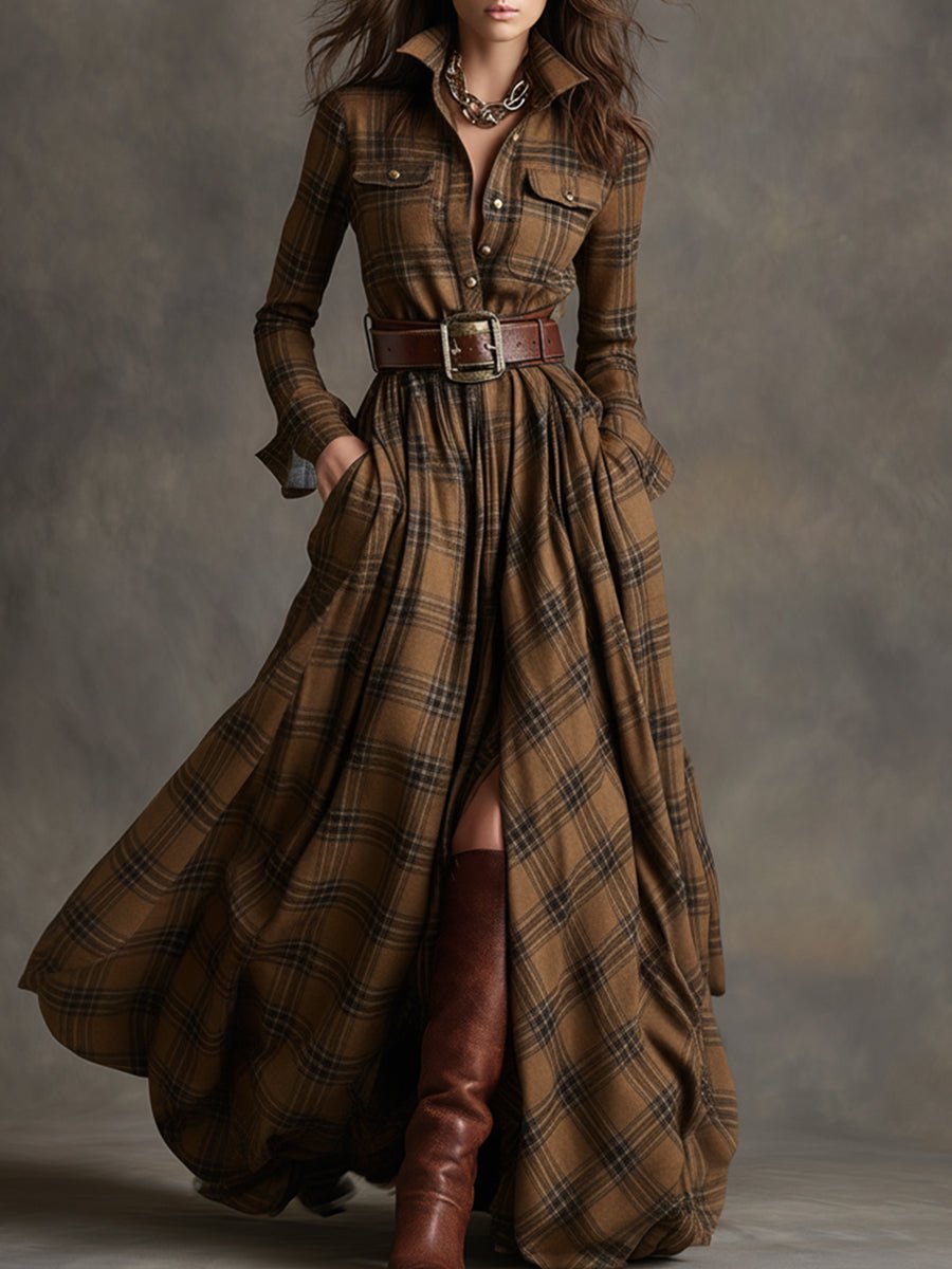 Women's Classic Belted Shirt Dress | Plaid Flared Style Full