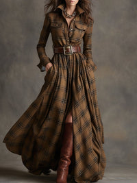 Women's Classic Belted Shirt Dress | Plaid Flared Style Full