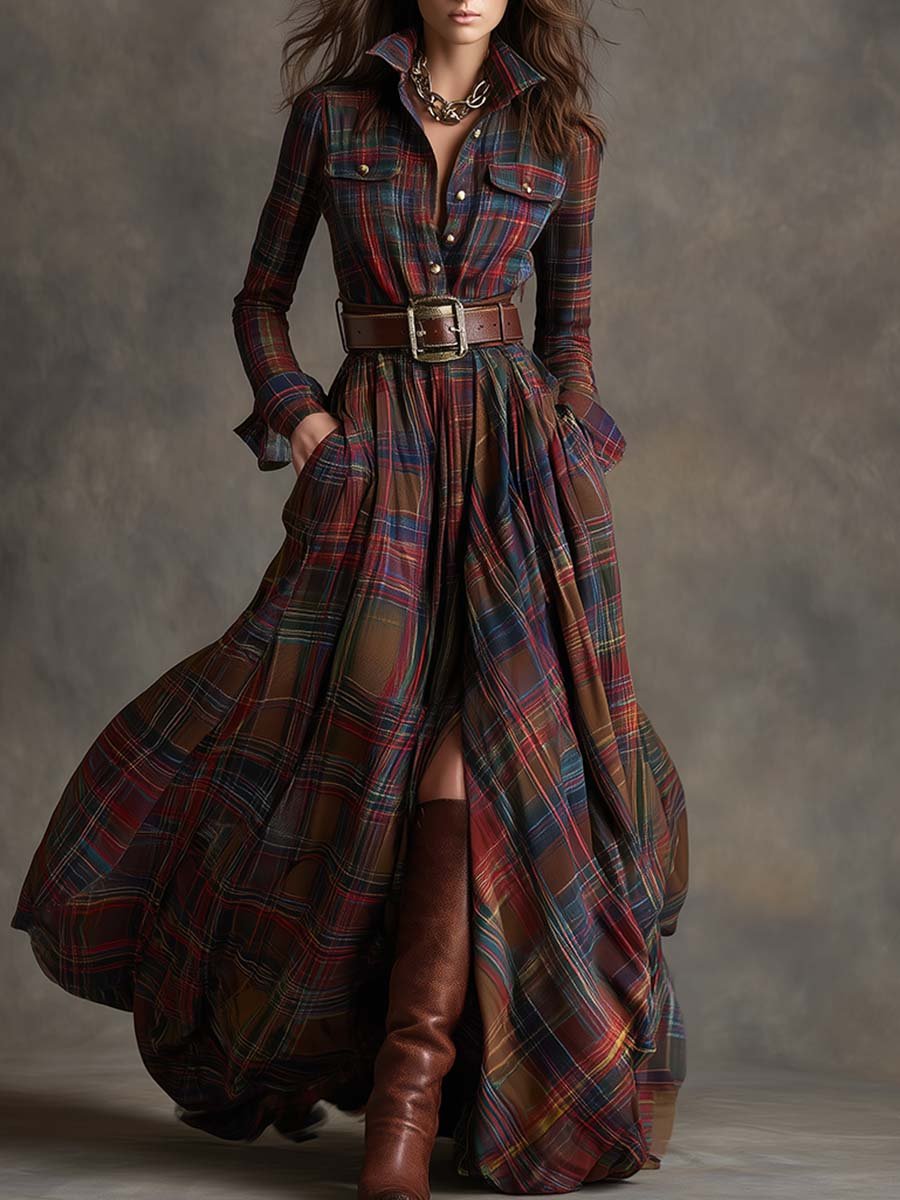 Women's Classic Belted Shirt Dress | Plaid Flared Style Side