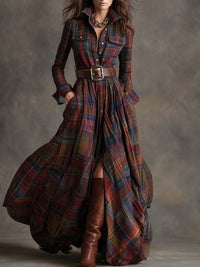 Women's Classic Belted Shirt Dress | Plaid Flared Style Side