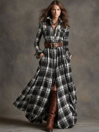 Women's Classic Belted Shirt Dress | Plaid Flared Style View 11