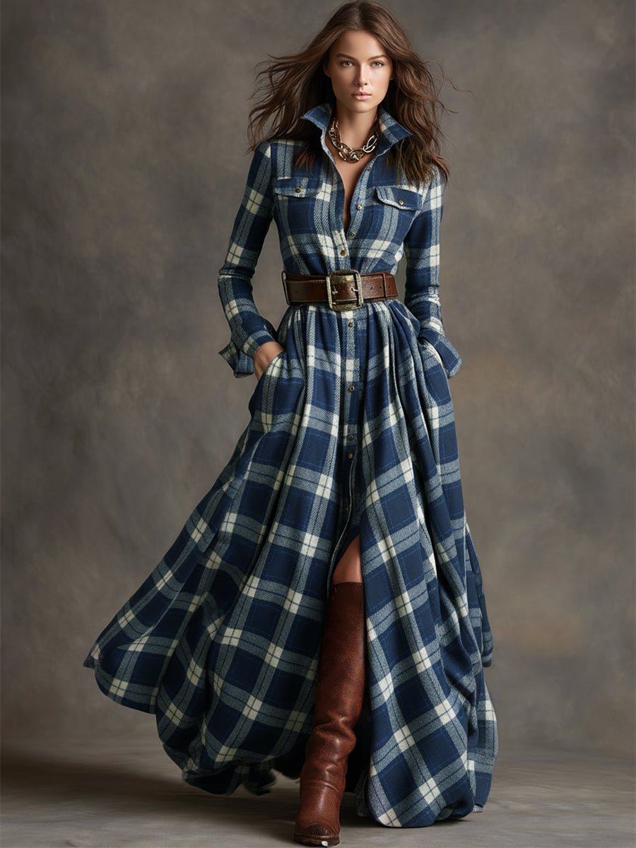 Women's Classic Belted Shirt Dress | Plaid Flared Style View 12