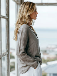 Women's Cotton Linen Henley Shirt | Long Sleeve V-Neck Relaxed Fit Detail