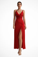 Women's Cowl Neck Slit Wedding Guest Maxi Dress | Draped Bodice