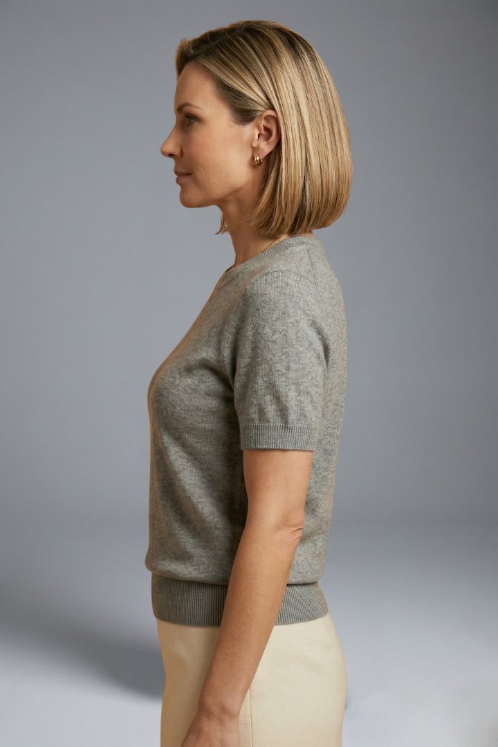 Women's Crew Neck Ribbed Knit Top with Relaxed Fit Back
