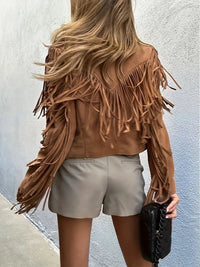 Women's Cropped Fringe Suede Jacket | Boho All-Over Fringe Detail Back