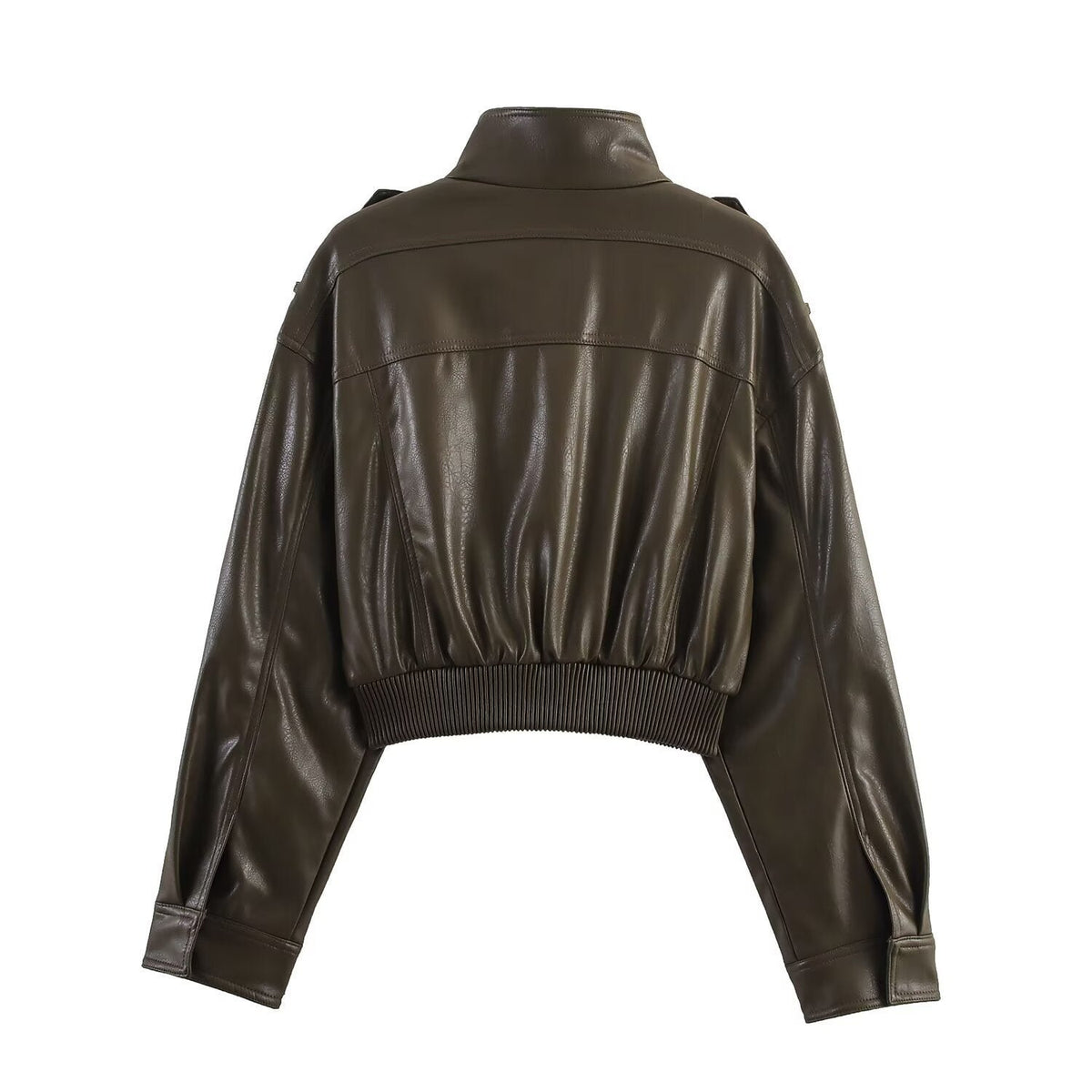 Women's Cropped Leather Bomber Jacket | Faux Leather Ribbed Hem Fit Detail