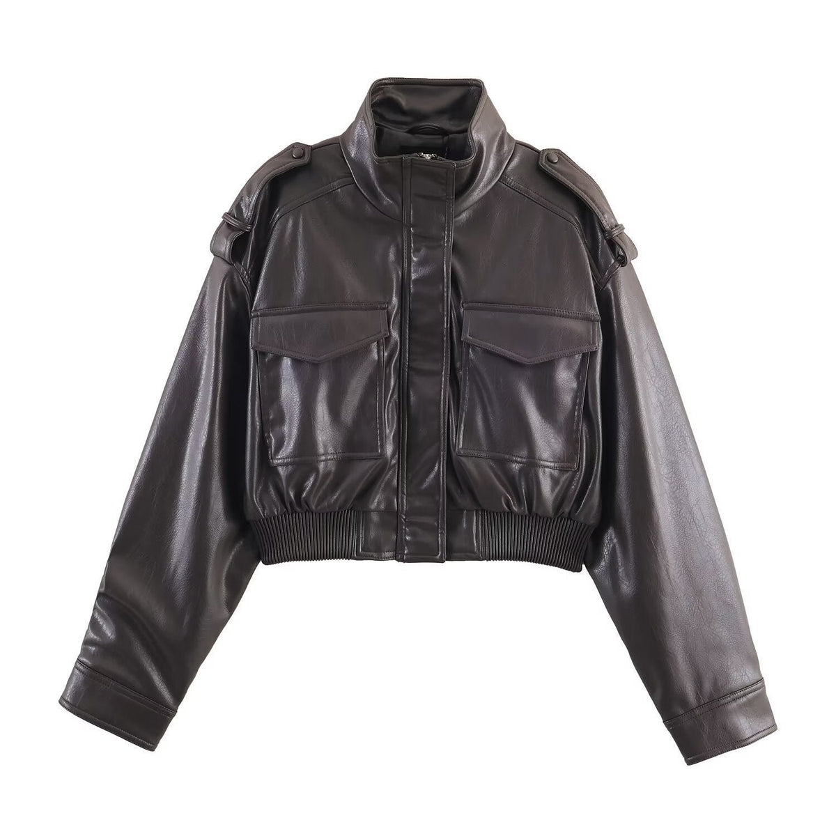 Women's Cropped Leather Bomber Jacket | Faux Leather Ribbed Hem Fit Hero