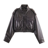 Women's Cropped Leather Bomber Jacket | Faux Leather Ribbed Hem Fit