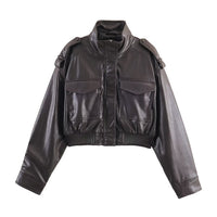 Women's Cropped Leather Bomber Jacket | Faux Leather Ribbed Hem Fit Hero