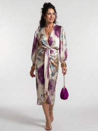 Women's Cross Wrap Tie Waist Printed Midi Dress Hero