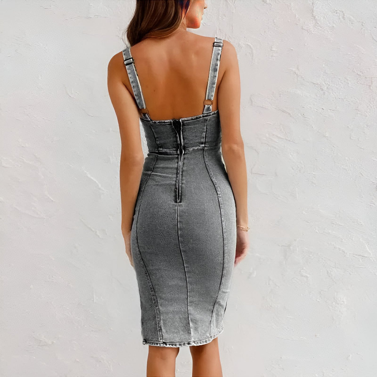 Women's Denim Sleeveless Midi Dress | Corset Seam with Front Slit Side