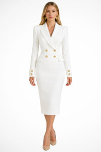 Women's Double Breasted Blazer Midi Dress | Gold Button Detail Front