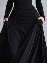 Women's Draped Maxi Dress | Long Sleeve with Flared Skirt Close Up