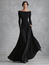 Women's Draped Maxi Dress | Long Sleeve with Flared Skirt