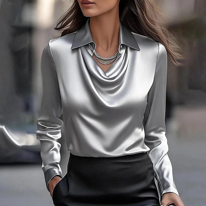 Women's Elegant Draped Neckline Satin Blouse Detail