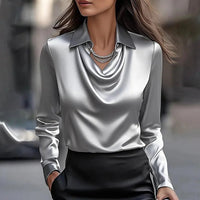 Women's Elegant Draped Neckline Satin Blouse Detail