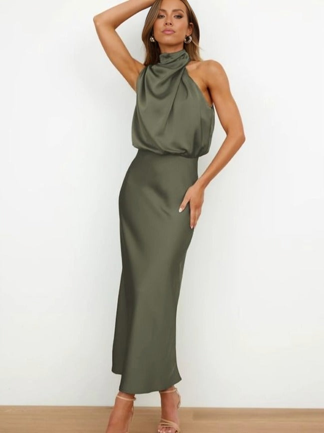 Women's Elegant Halter Neck Satin Midi Dress - angle