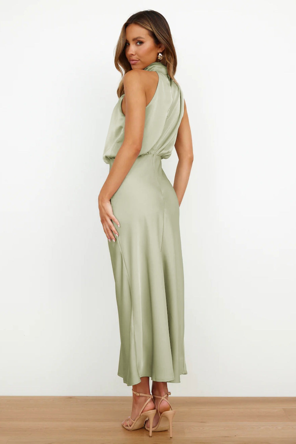 Women's Elegant Halter Neck Satin Midi Dress - back