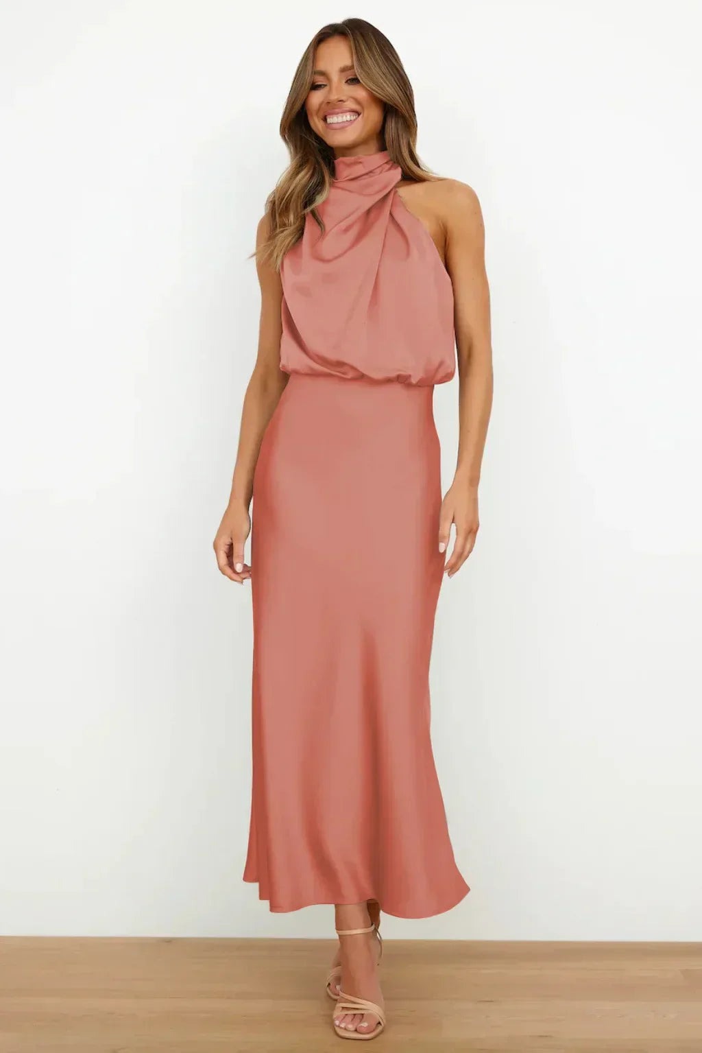 Women's Elegant Halter Neck Satin Midi Dress - close-up