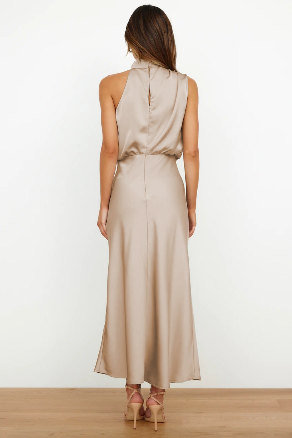 Women's Elegant Halter Neck Satin Midi Dress - detail