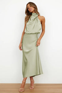 Women's Elegant Halter Neck Satin Midi Dress - front