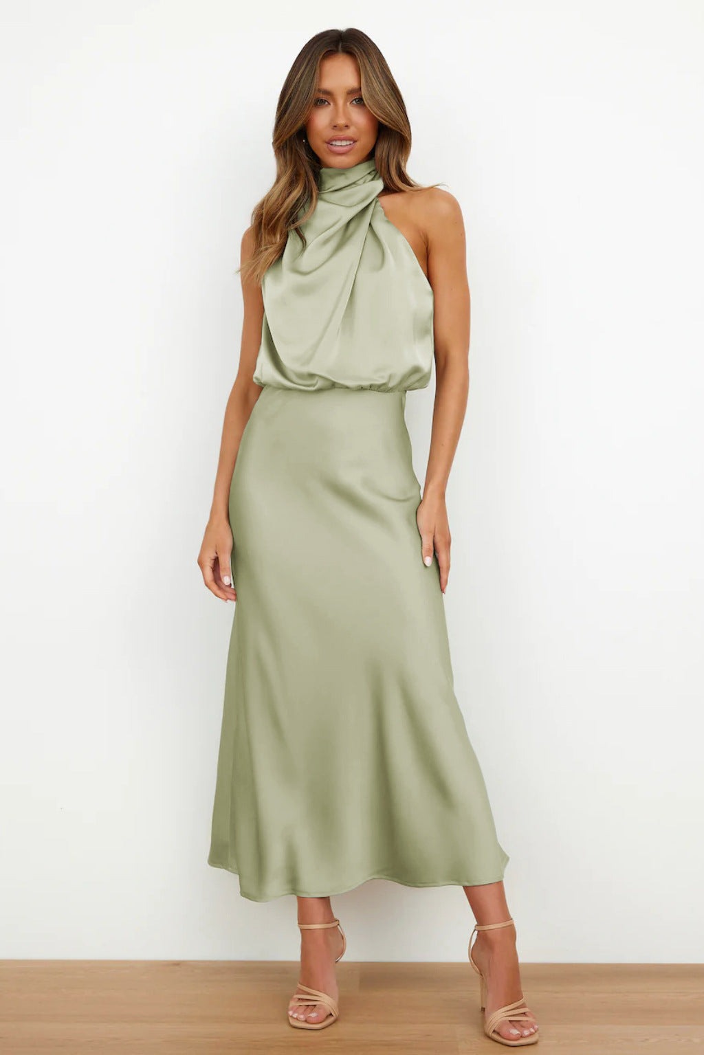 Women's Elegant Halter Neck Satin Midi Dress - hero