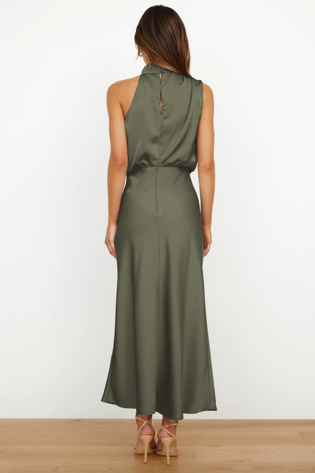Women's Elegant Halter Neck Satin Midi Dress - look