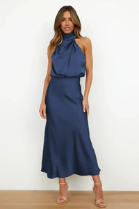 Women's Elegant Halter Neck Satin Midi Dress - look