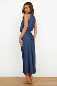 Women's Elegant Halter Neck Satin Midi Dress - look