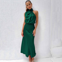 Women's Elegant Halter Neck Satin Midi Dress - look